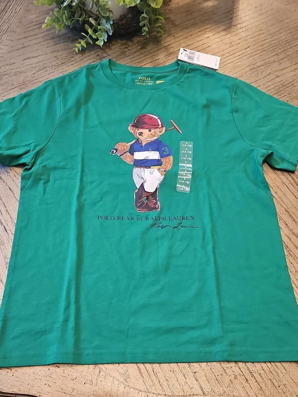 Ralph Lauren Green Polo Bear Graphic Short Sleeve Tee Size L 14-16 NWT